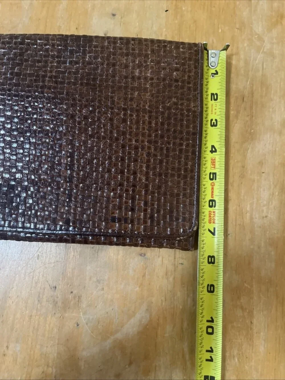 Vintage Beautiful Brown Leather Woven Large Clutch 14x8inch Snap Closure